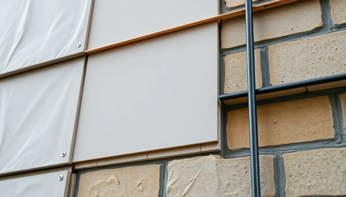 Détail des travaux d'isolation thermique et de rénovation énergétique sur une façade