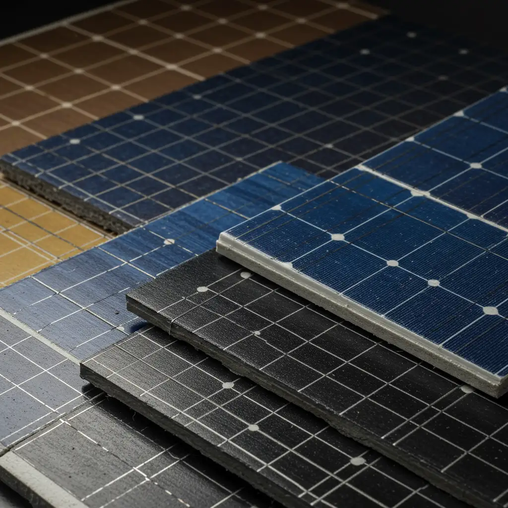 Gros plan détaillé de différentes technologies de tuiles solaires montrant les variations de matériaux et de rendement
