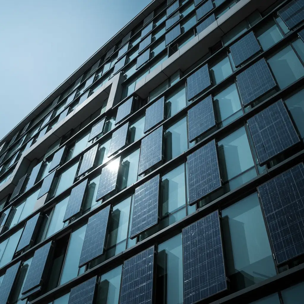 Façade de bâtiment moderne équipée de vitrages solaires transparents intégrés aux fenêtres et surfaces vitrées