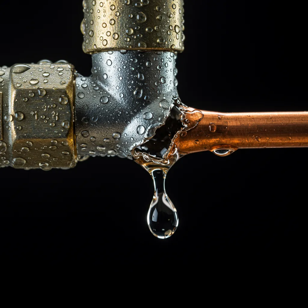 Gros plan d'une fuite d'eau active sur une canalisation avec gouttes visibles