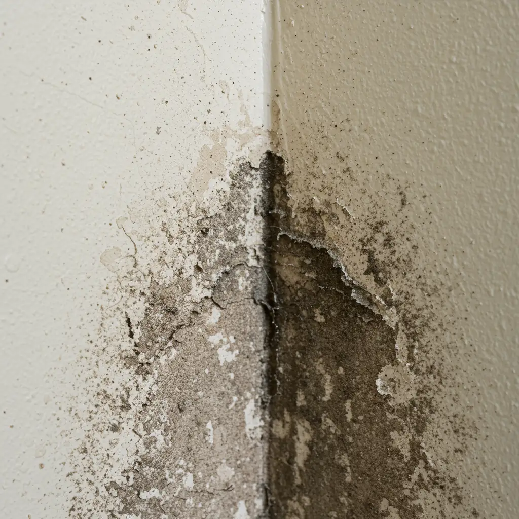 Détail des dégâts d'une infiltration d'eau avec moisissures et décollement de peinture