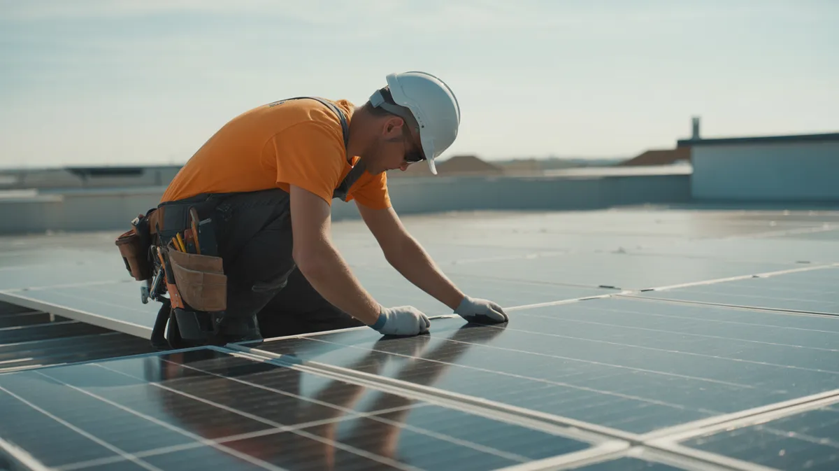Technicien professionnel installant des panneaux solaires sur une toiture française