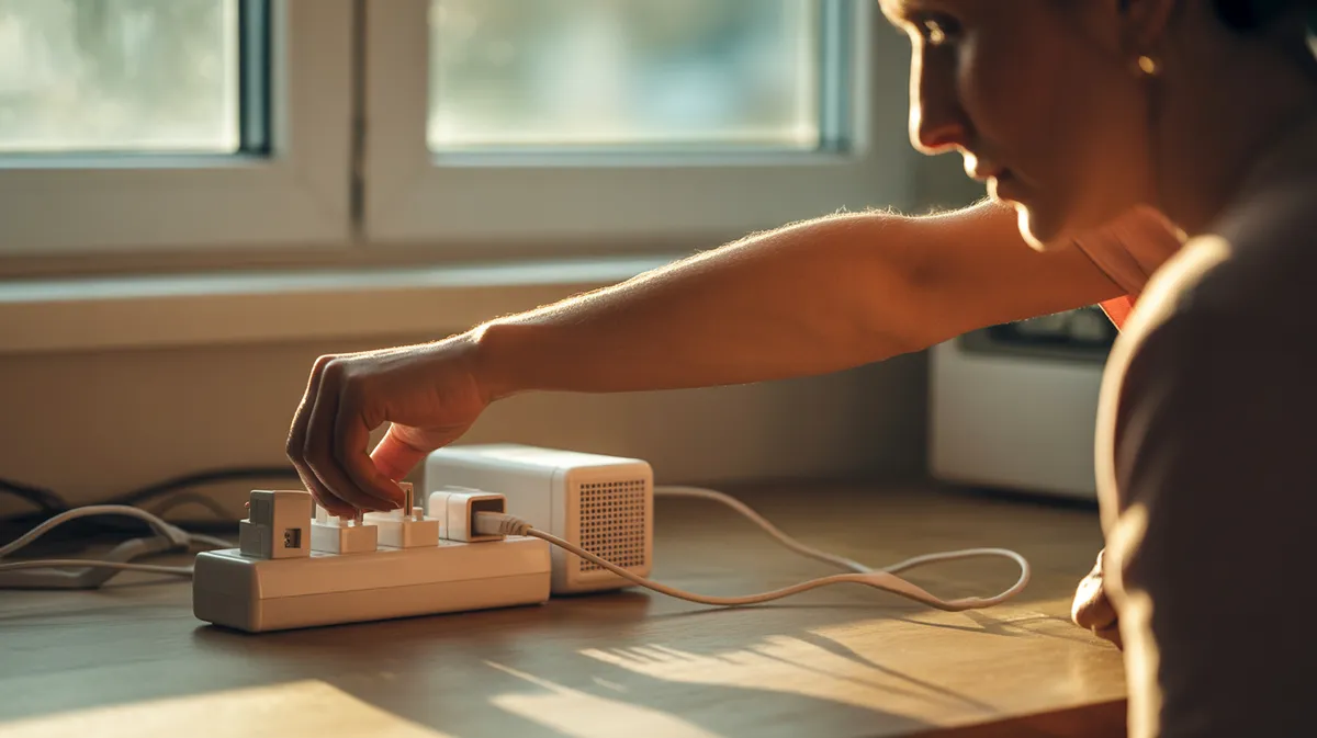 Personne débranchant une multiprise avec plusieurs appareils électroniques pour économiser l'énergie