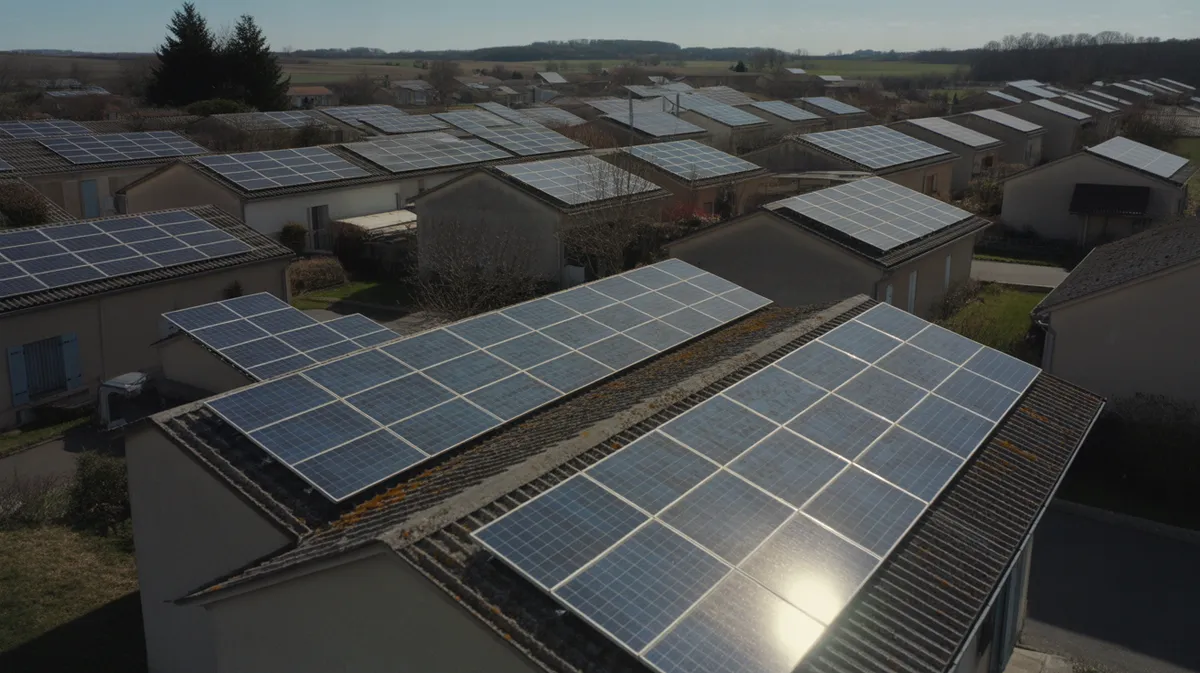 Vue aérienne de toitures françaises équipées de panneaux solaires photovoltaïques illustrant le développement de l'autoconsommation