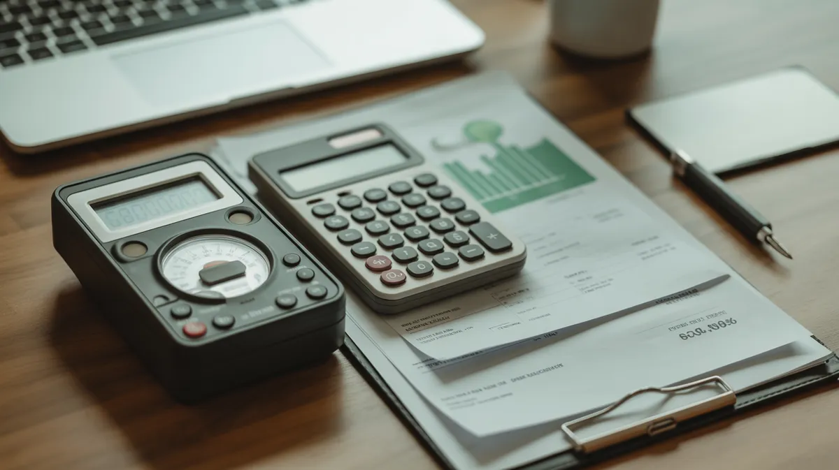 Compteur électrique et calculatrice sur un bureau avec des factures d'énergie pour illustrer la comparaison des coûts