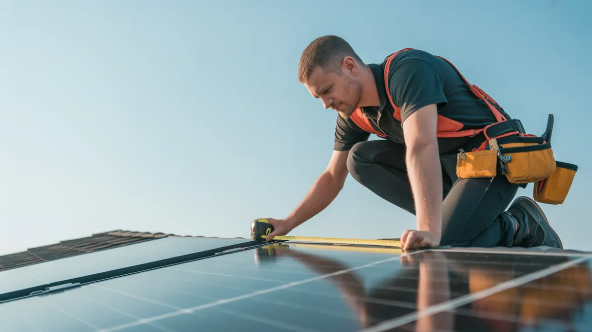 Installateur de panneaux solaires mesurant les dimensions d'une toiture pour le dimensionnement d'une installation photovoltaïque