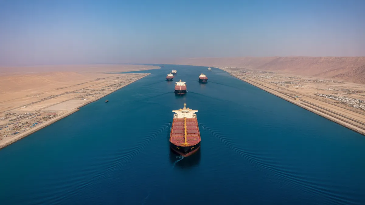 Vue aérienne du détroit d'Ormuz avec des pétroliers transitant dans le passage stratégique