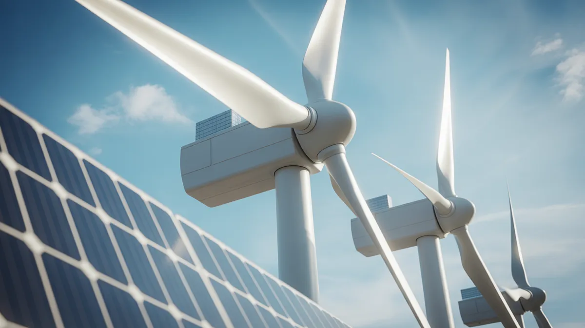 Composants d'éoliennes et panneaux solaires modernes illustrant les technologies renouvelables