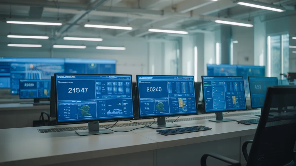 Centre de contrôle énergétique européen avec écrans affichant les données des énergies renouvelables