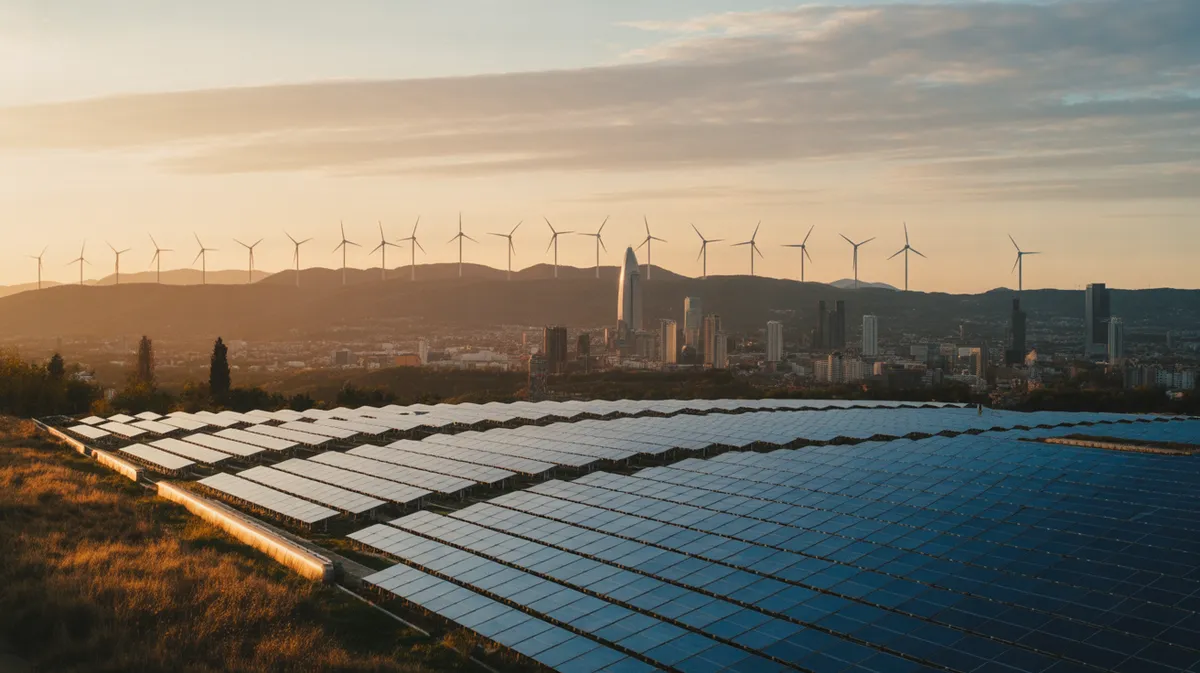 Skyline urbain européen intégrant éoliennes et panneaux solaires dans le paysage énergétique