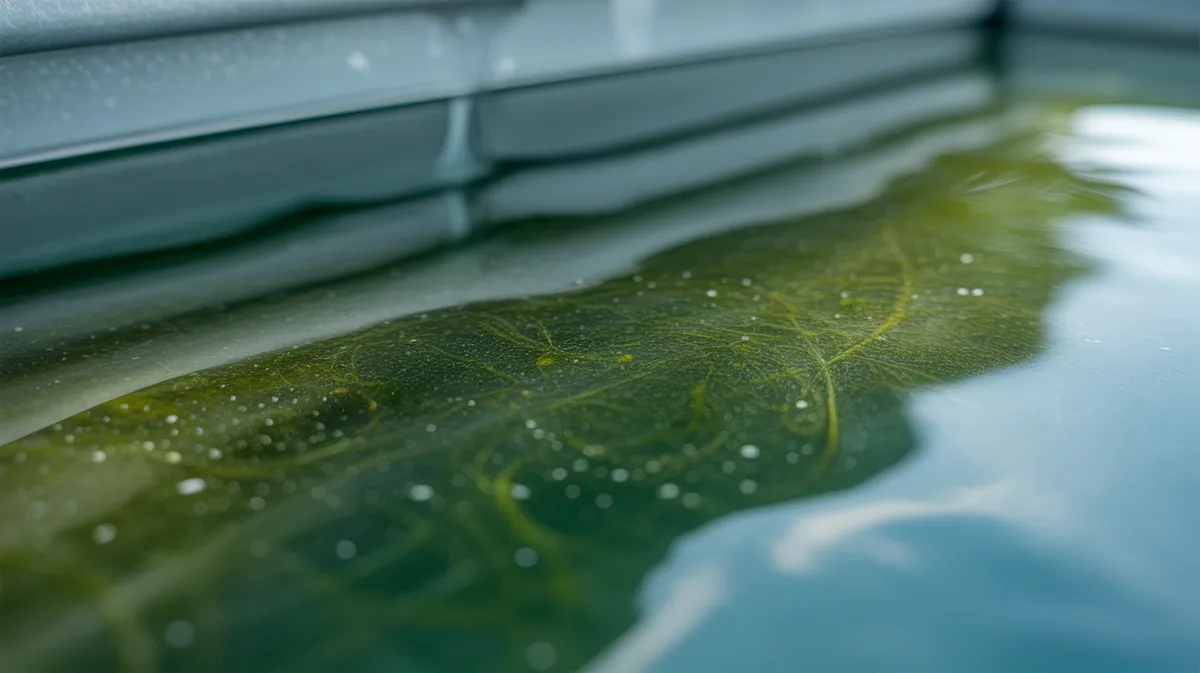Gros plan sur l'eau verte d'une piscine montrant les algues et particules en suspension