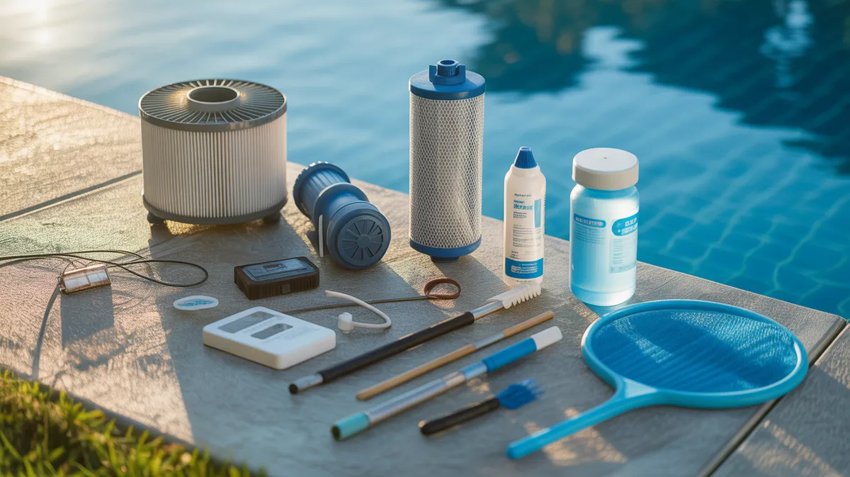 Équipement de filtration et outils de traitement de piscine disposés de manière organisée