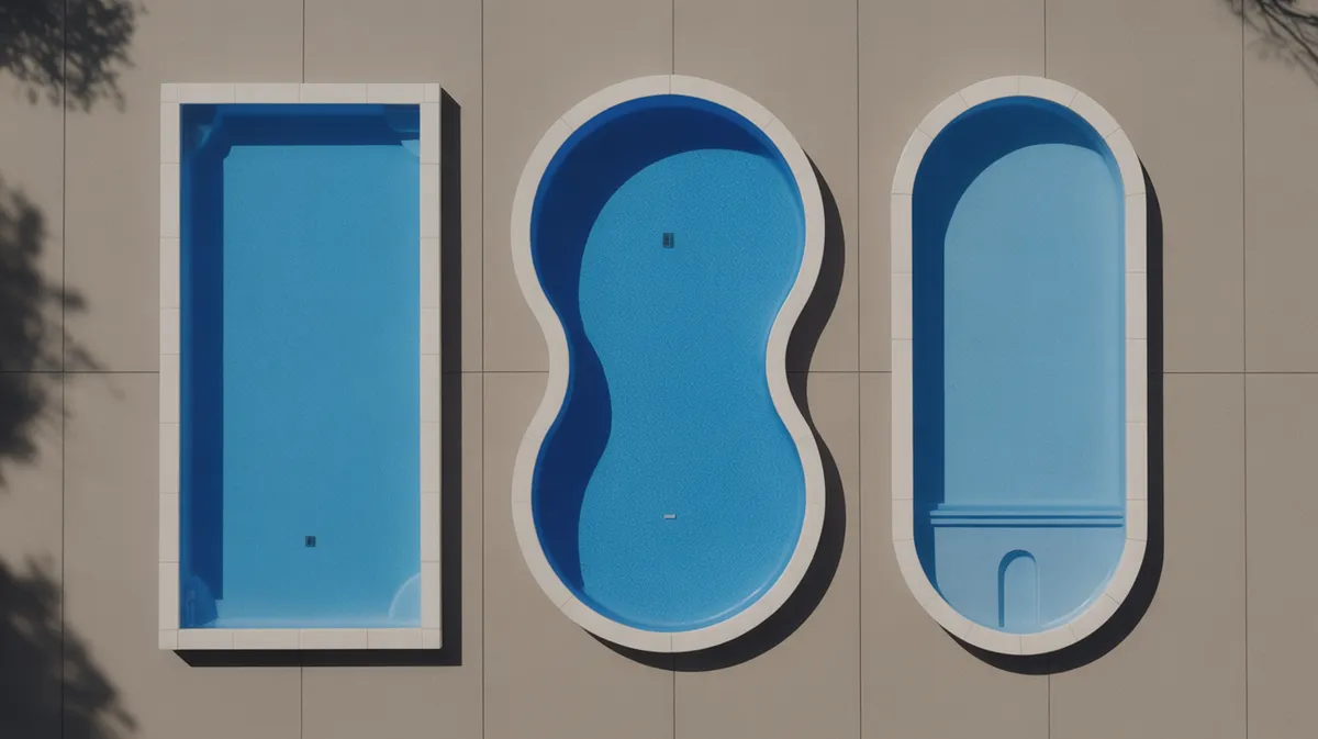 Vue de dessus montrant trois formes de piscines différentes : rectangulaire, ronde et ovale