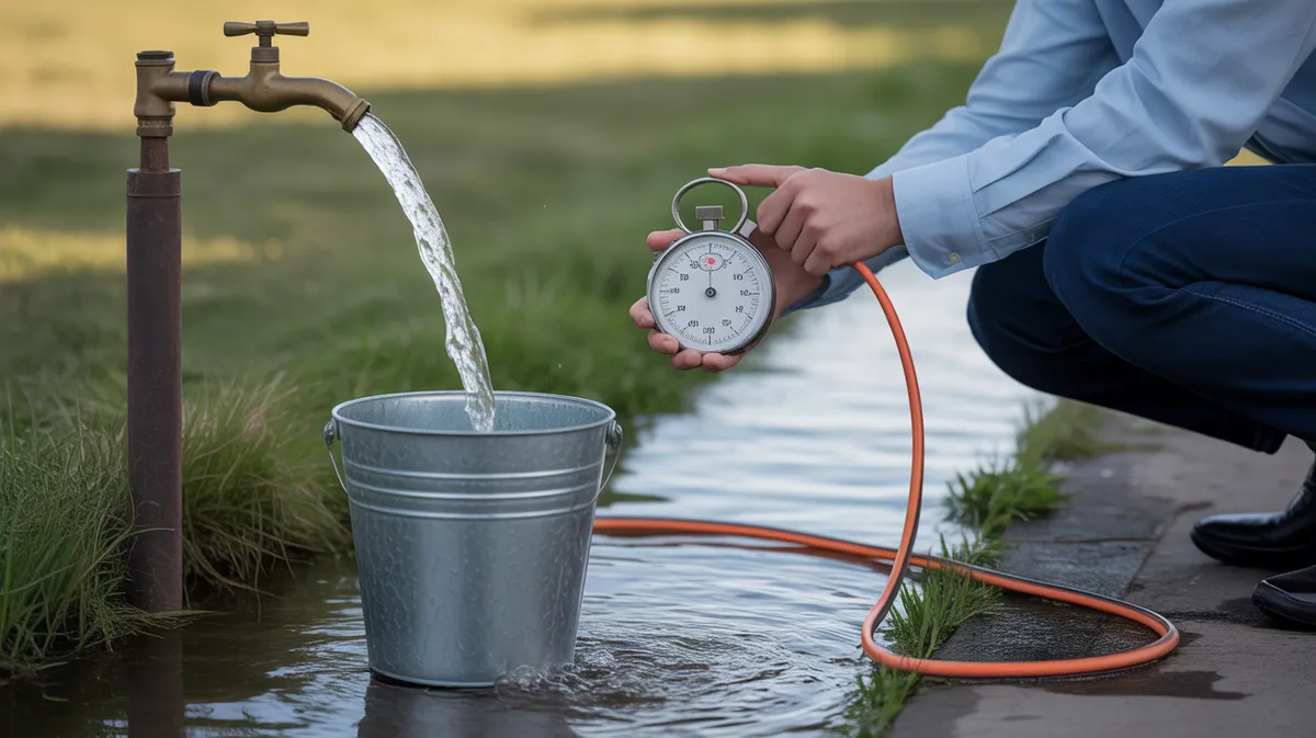 Dispositif de mesure du débit d'eau avec un seau sous un robinet ou tuyau en cours de remplissage