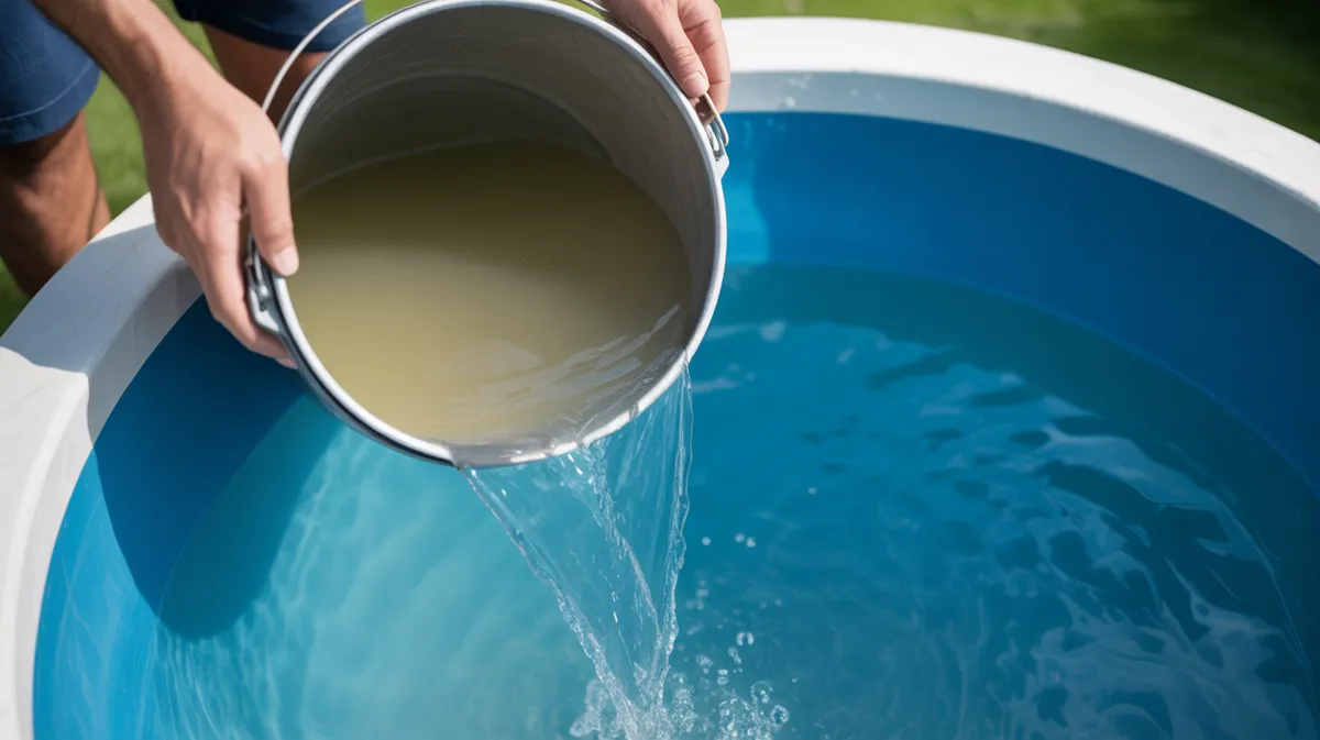Remplissage du préfiltre d'une pompe de piscine avec un seau d'eau jusqu'au débordement