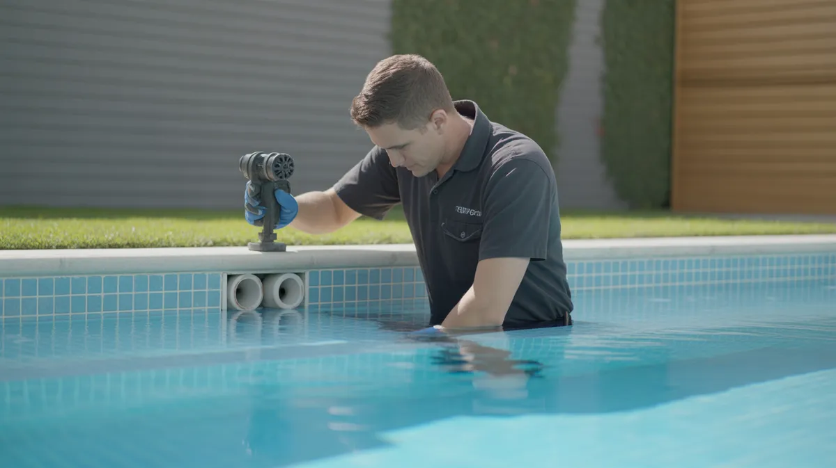 Technicien professionnel inspectant l'équipement de piscine et les tuyauteries pour détecter une fuite