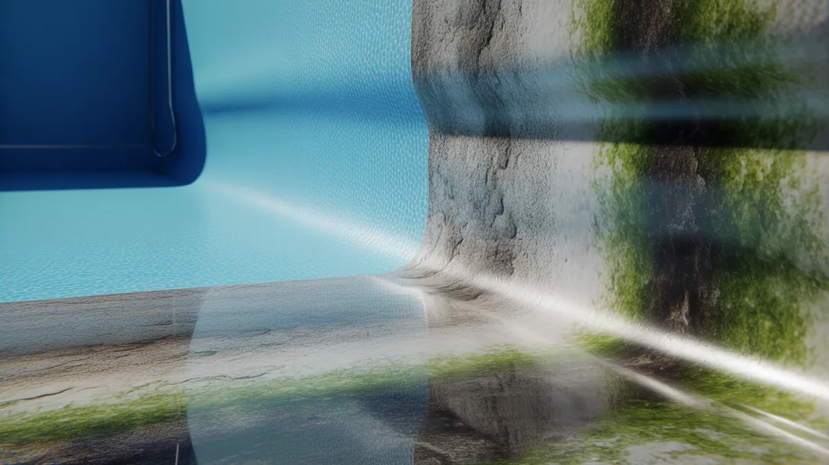 Gros plan comparatif de trois surfaces de paroi de piscine montrant les différences de texture entre une surface lisse, une surface rugueuse avec calcaire et une surface couverte d'algues