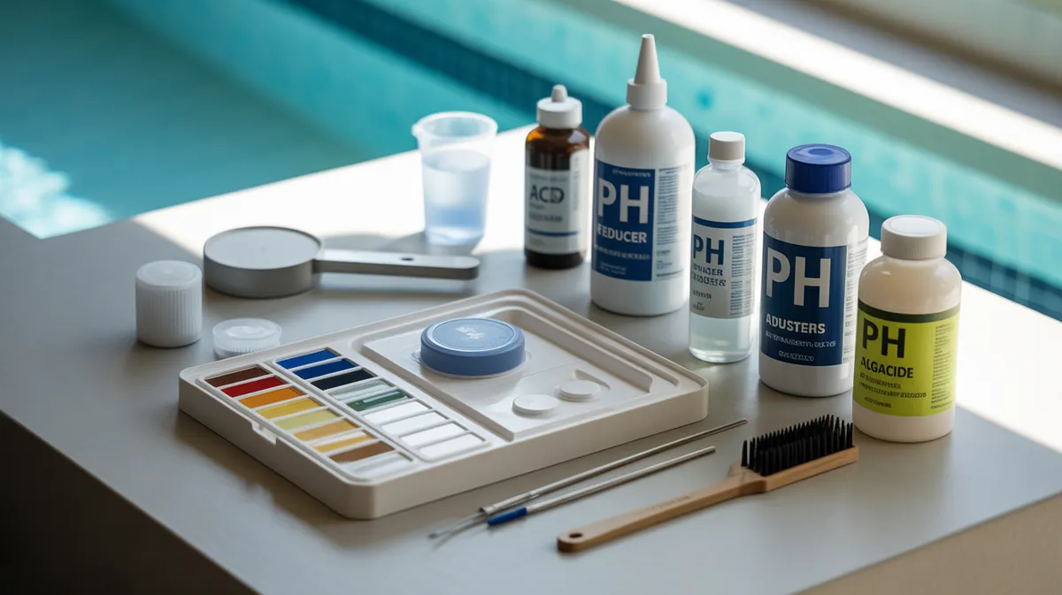 Vue de dessus des produits et équipements de traitement de piscine - kit de test pH, réducteur d'acidité, brosses et produits chimiques alignés
