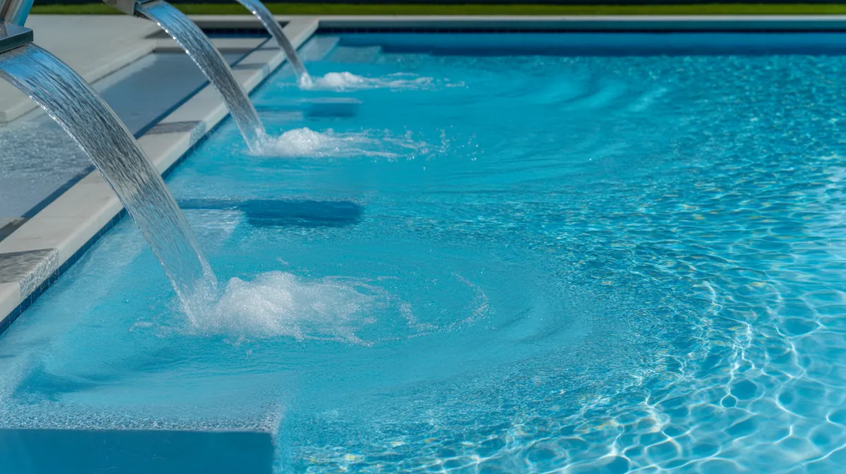 Piscine cristalline et parfaitement nettoyée après traitement, eau bleue claire avec fond de piscine propre visible et sans algues