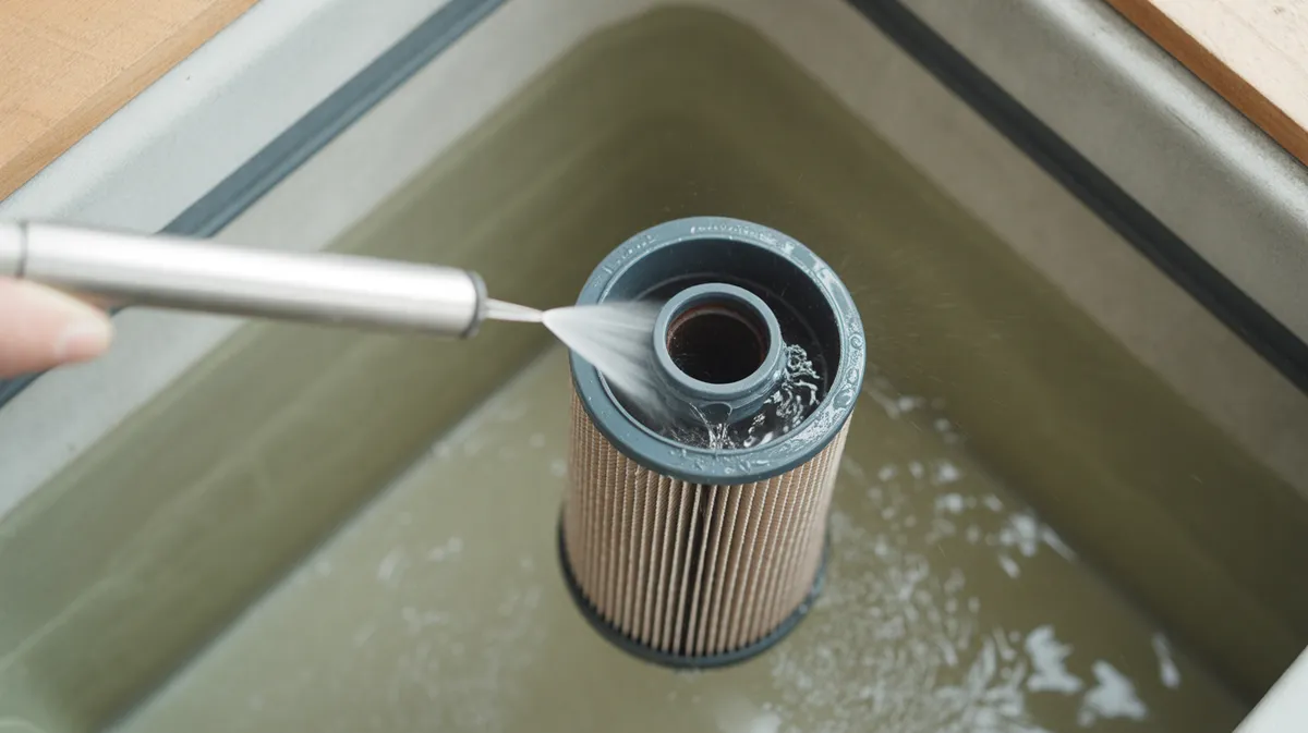 Nettoyage d'une cartouche de filtre piscine au jet d'eau doux, vue en angle plongeant