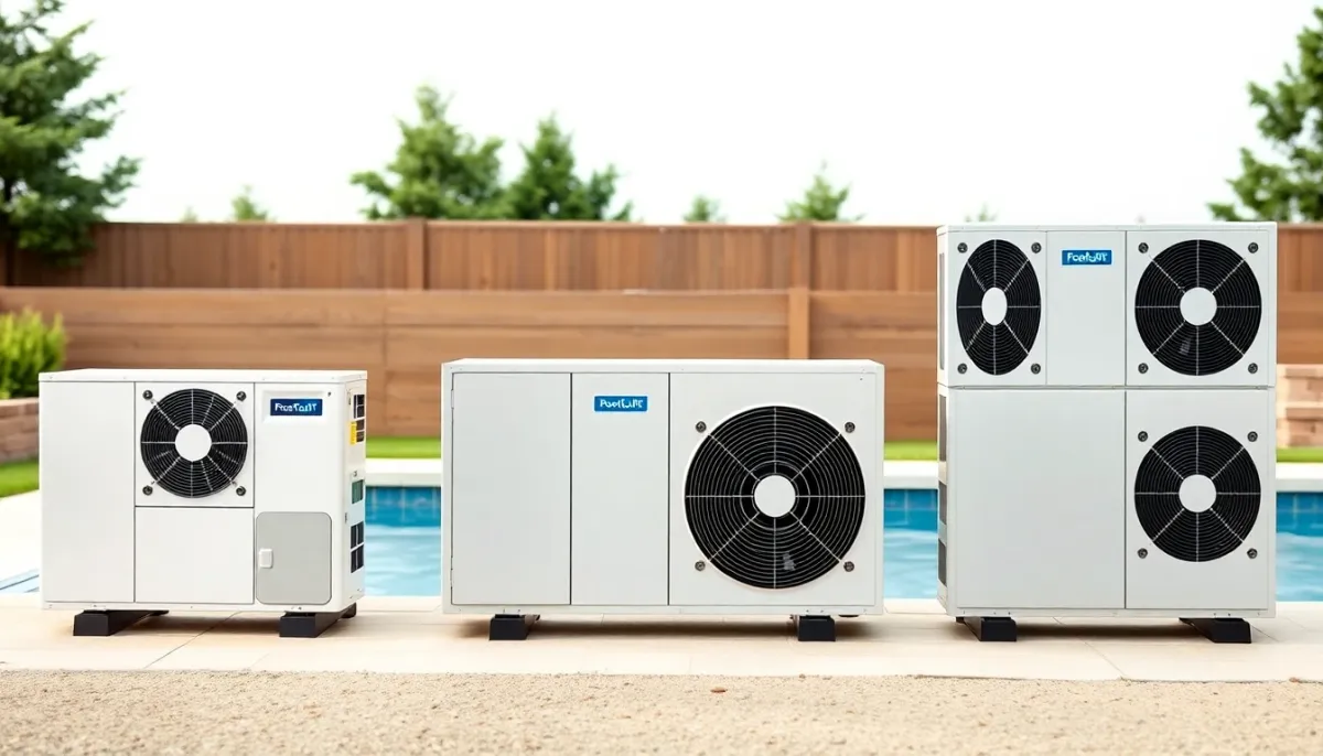 Comparaison visuelle de plusieurs modèles de pompes à chaleur pour piscine côte à côte