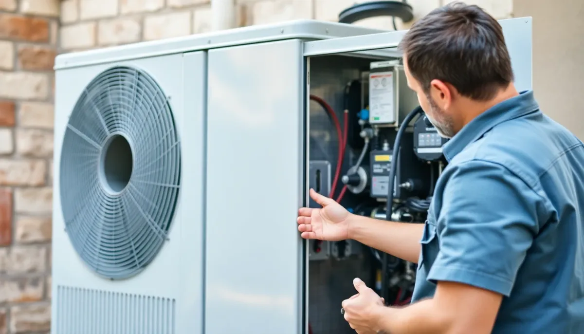 Technicien SAV effectuant la maintenance et l'inspection d'une pompe à chaleur pour piscine