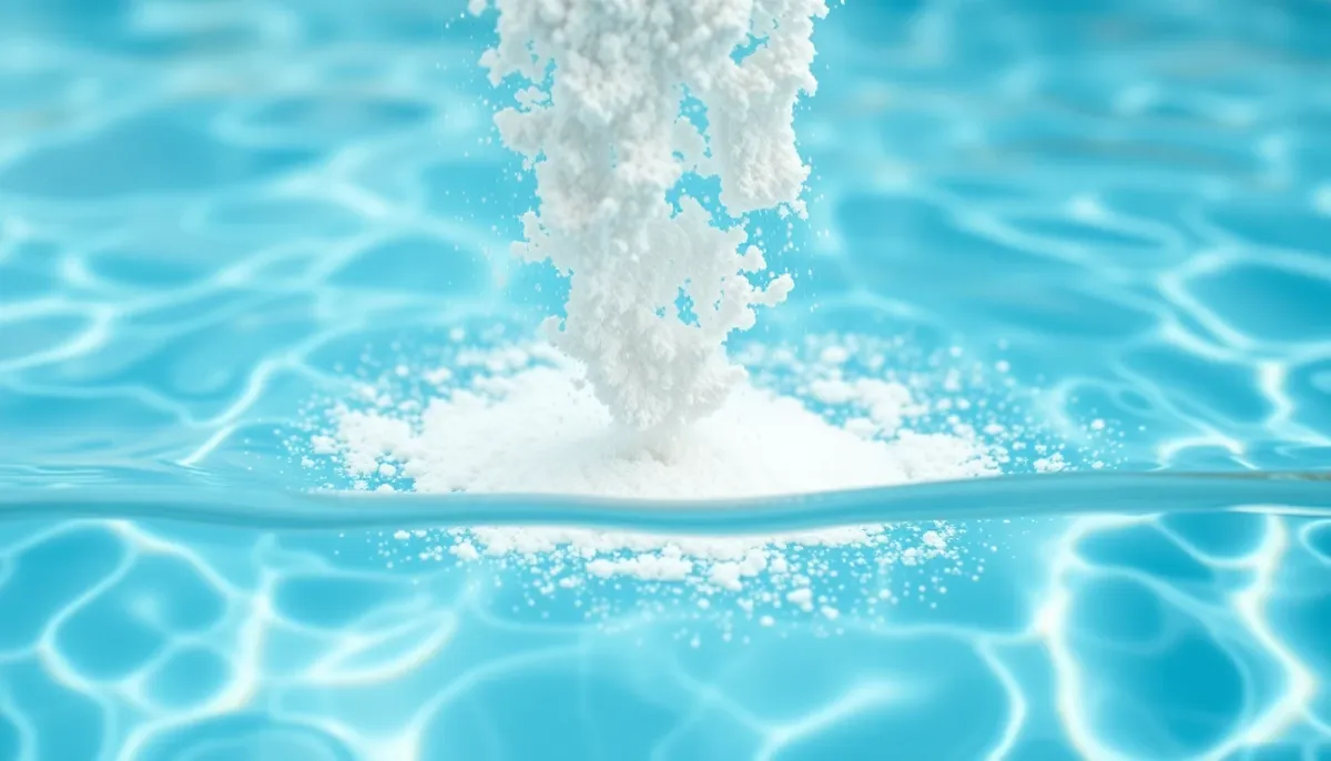 Bicarbonate de soude blanc versé dans l'eau de la piscine avec diffusion des particules
