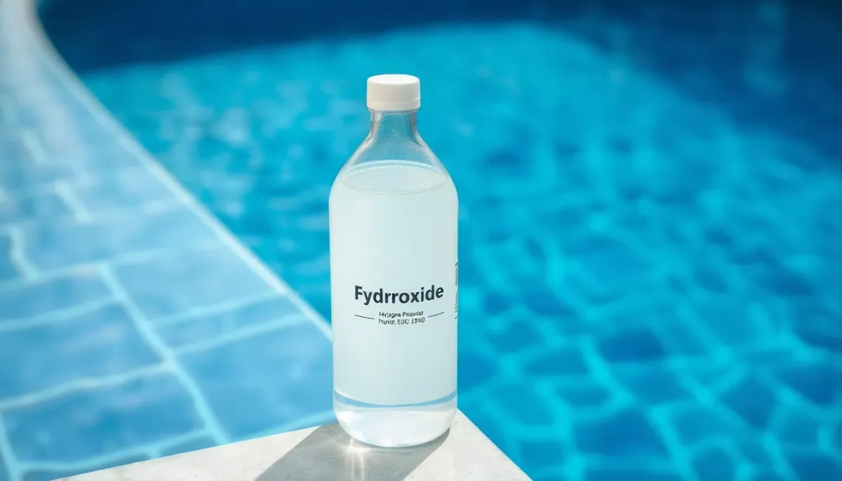 Bouteille de peroxyde d'hydrogène transparent positionnée au bord d'une piscine