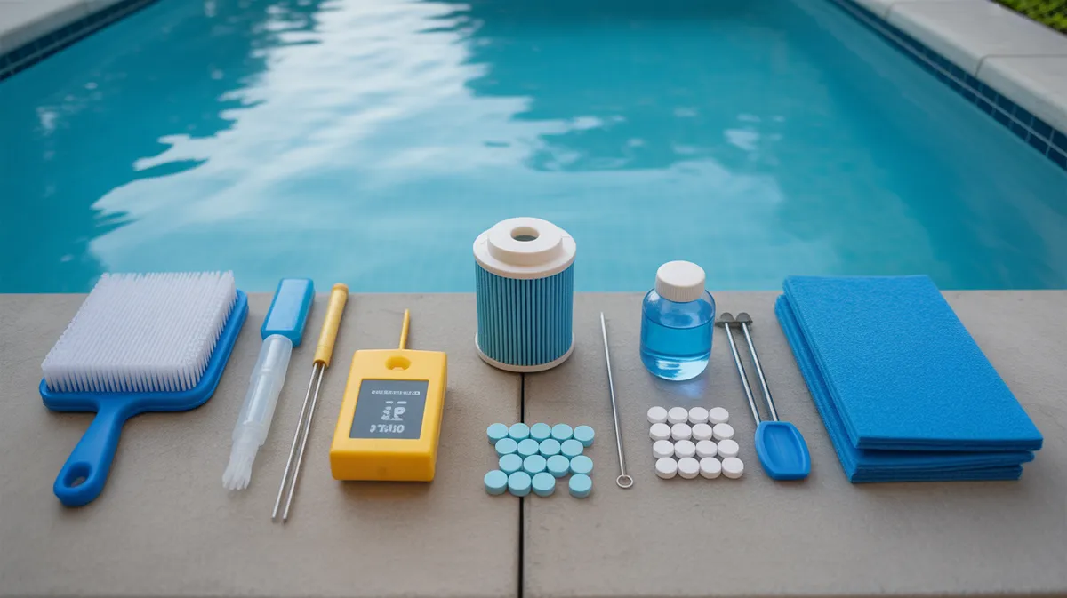 Arrangement d'outils et produits de nettoyage pour le traitement complet de piscine
