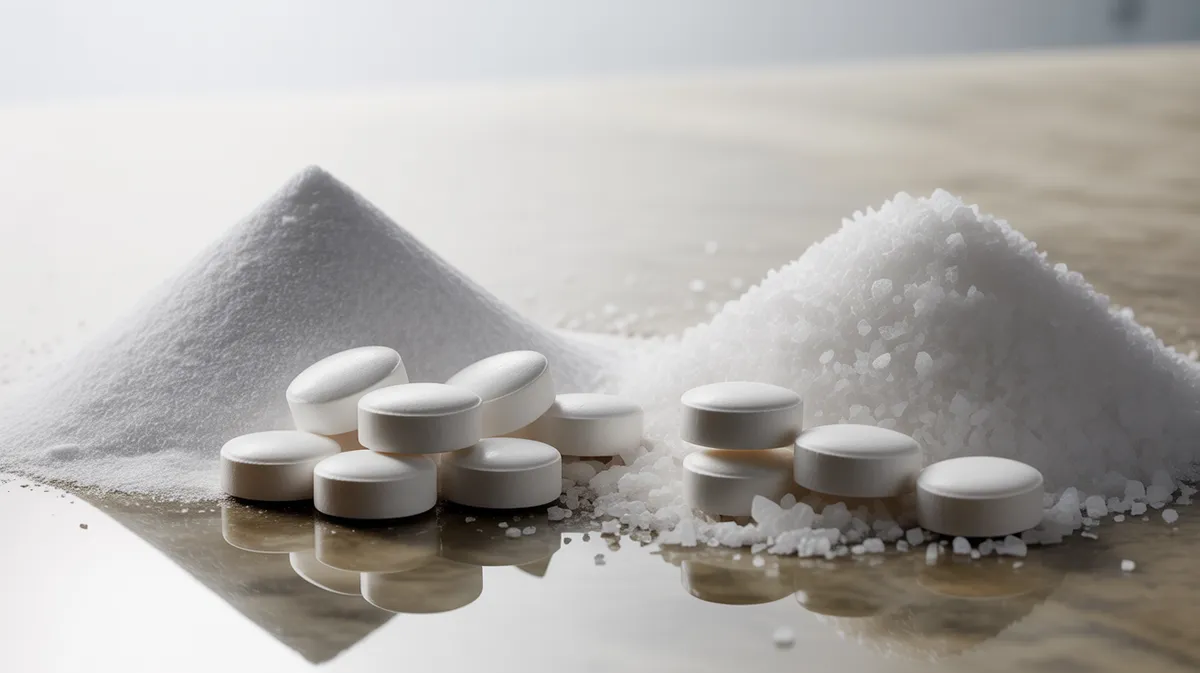 Comparaison visuelle entre les comprimés de chlore et cristaux de sel pour piscine
