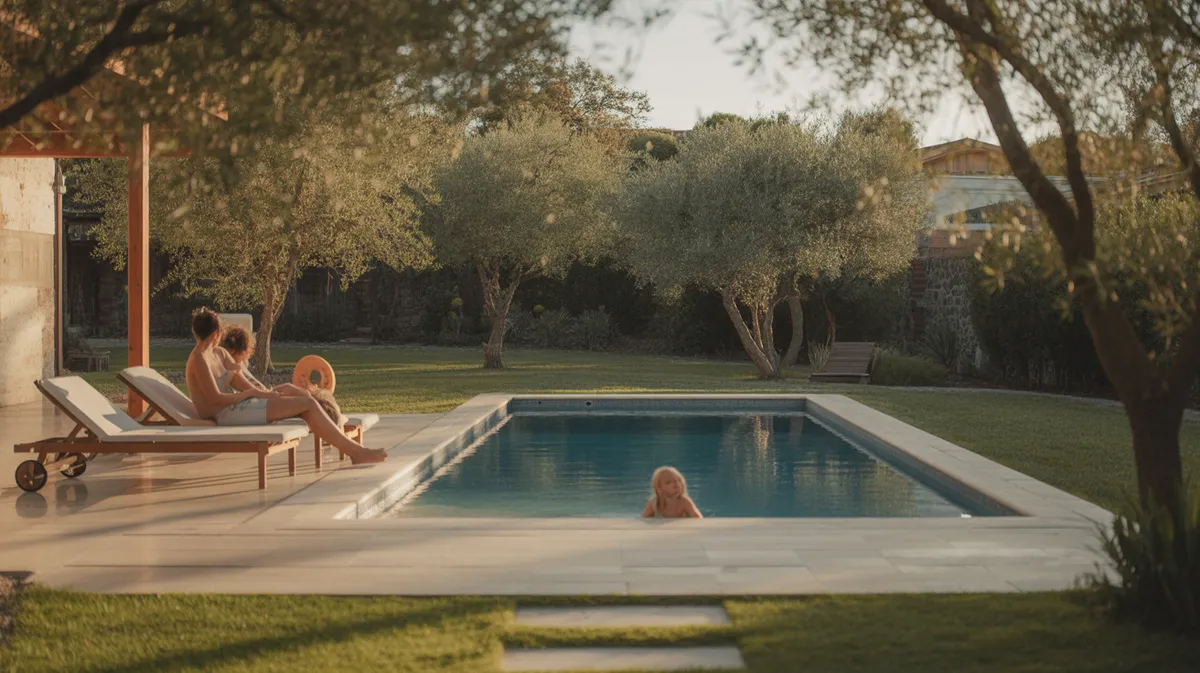 Piscine résidentielle aménagée pour la famille avec espace détente et environnement naturel