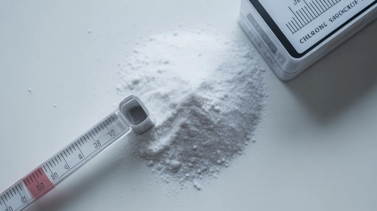 Gros plan sur des granulés de chlore choc et du matériel de mesure précis en milieu contrôlé