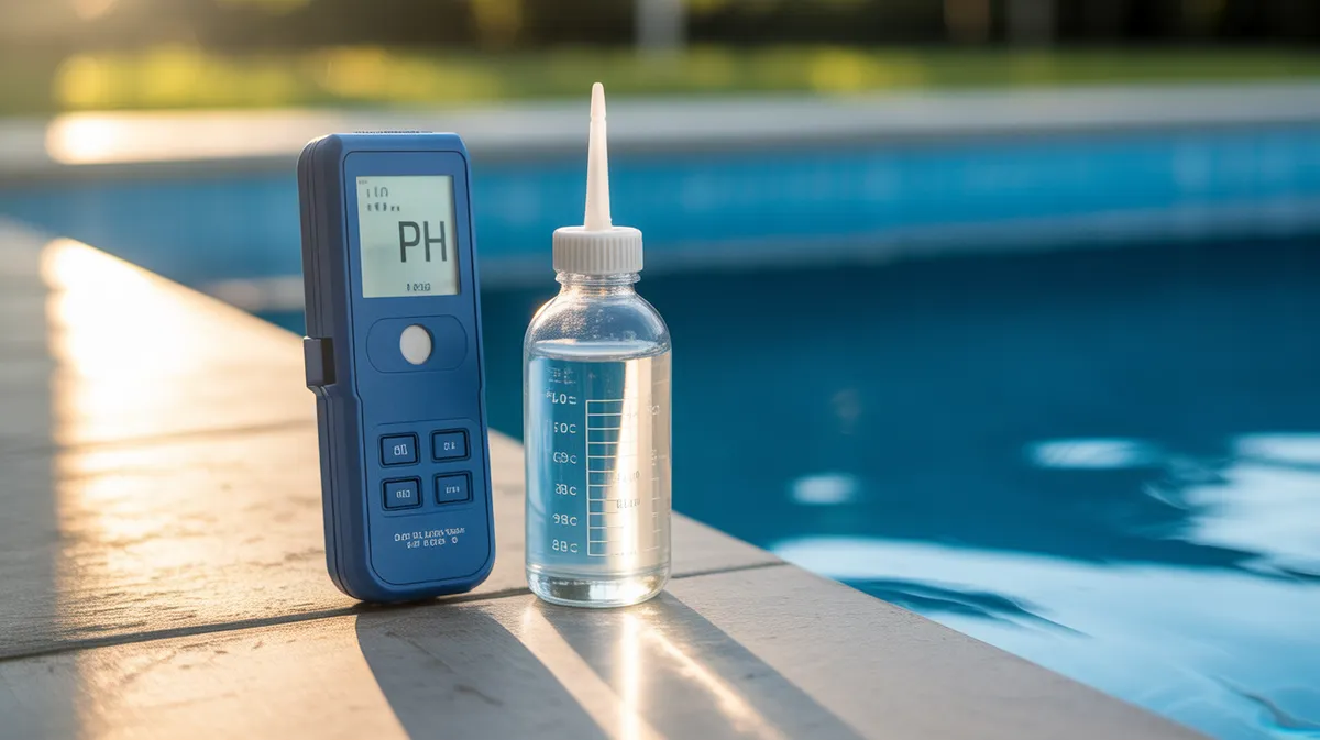 Mesure du pH de l'eau de la piscine avec un testeur numérique professionnel à proximité du bassin