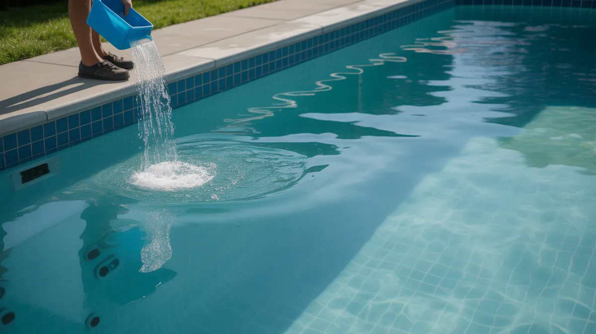 Application du chlore choc dans une piscine avec visibilité du système de filtration en fonctionnement