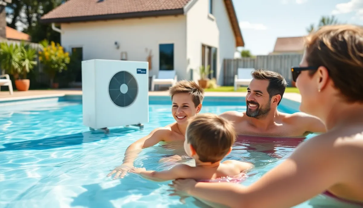Famille profitant d'une piscine chauffée efficacement par pompe à chaleur