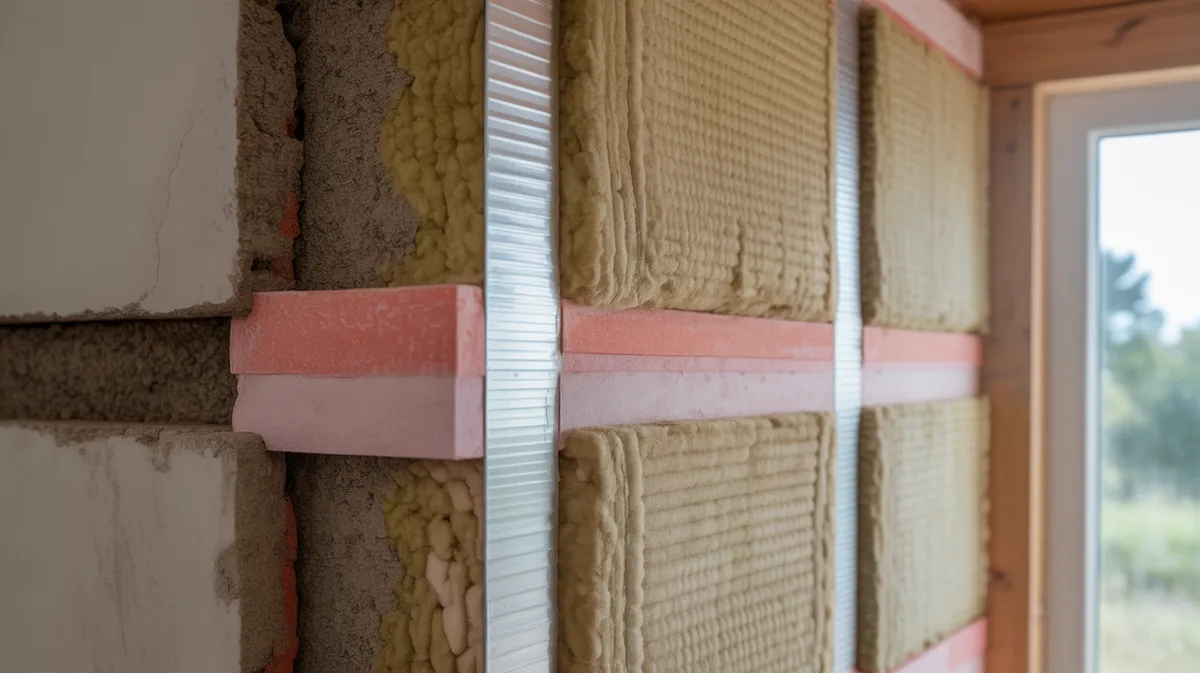 Coupe détaillée d'isolation thermique de mur avec matériaux isolants visibles