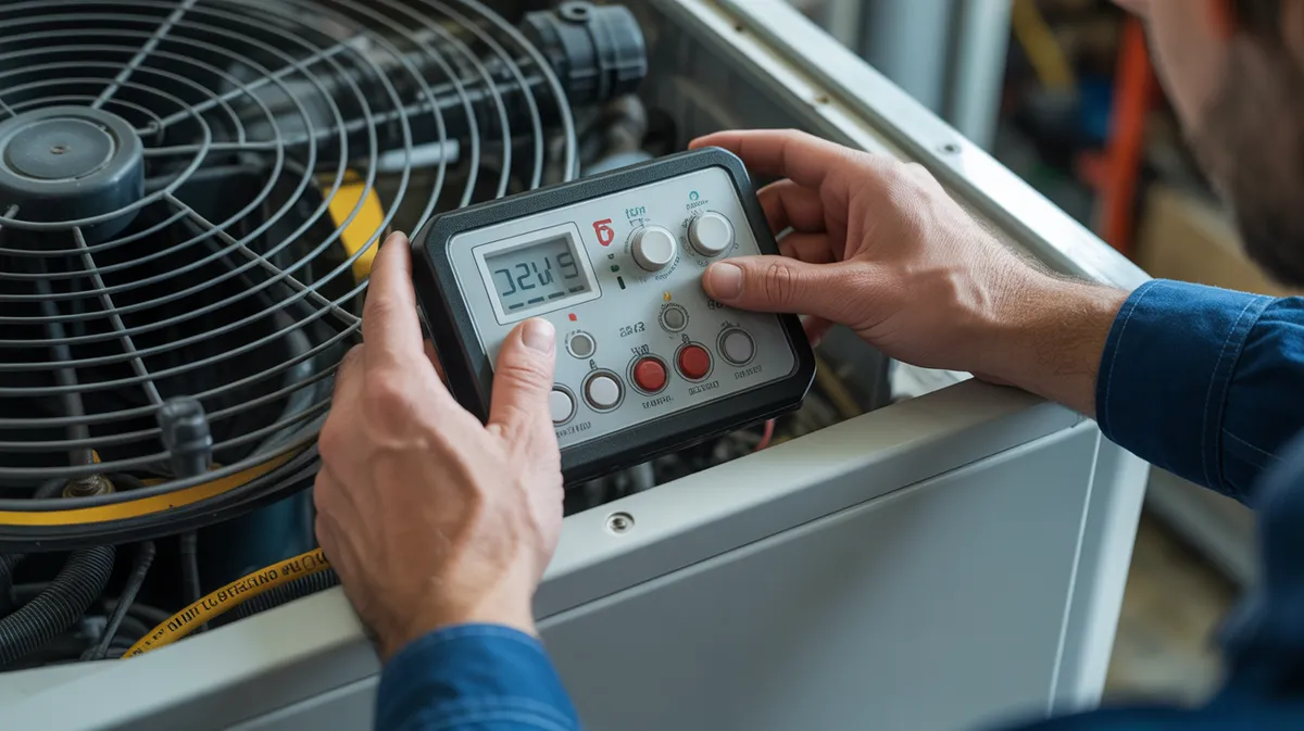 Technicien ajustant les paramètres sur le panneau de contrôle d'une pompe à chaleur