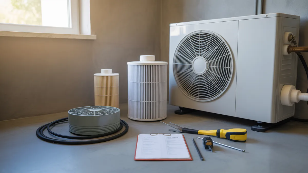 Équipement de maintenance pour pompe à chaleur avec filtres et outils de nettoyage