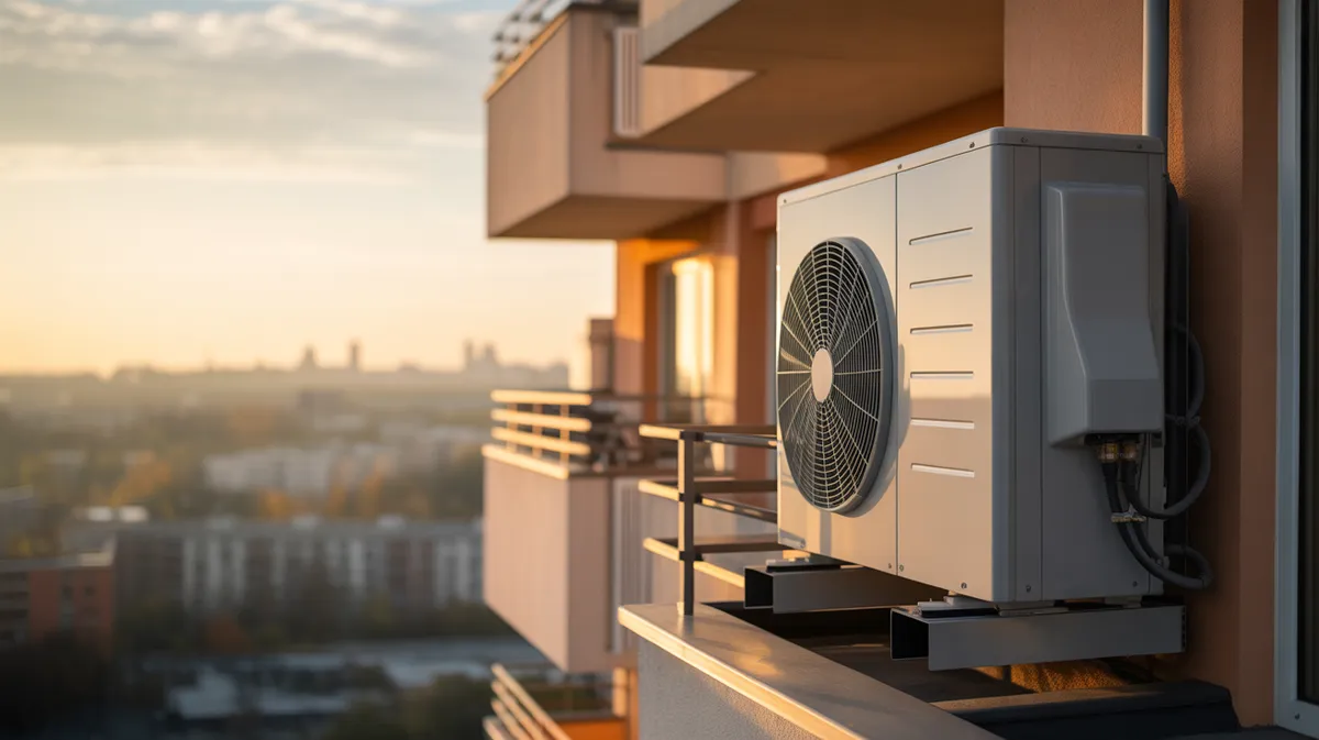 Installation d'unité extérieure de pompe à chaleur sur balcon d'appartement avec vue urbaine