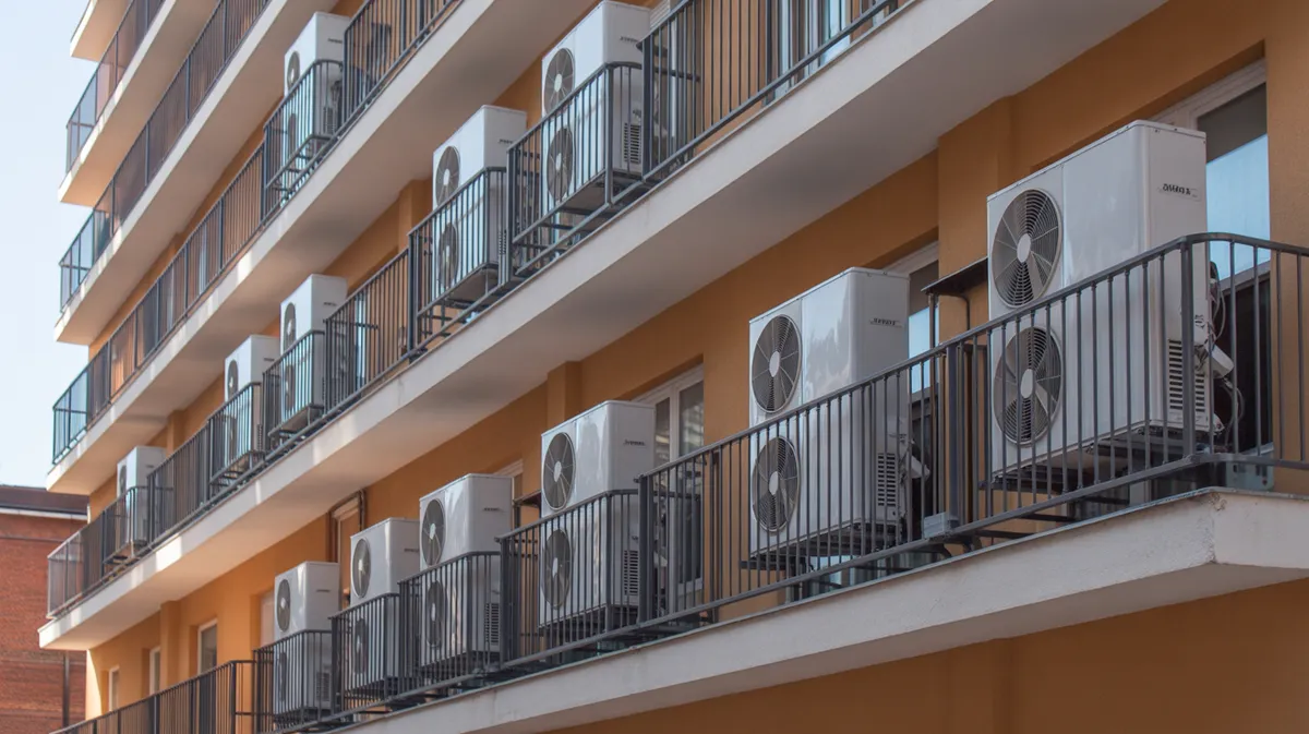 Façade d'immeuble d'appartements avec plusieurs unités extérieures de pompes à chaleur installées