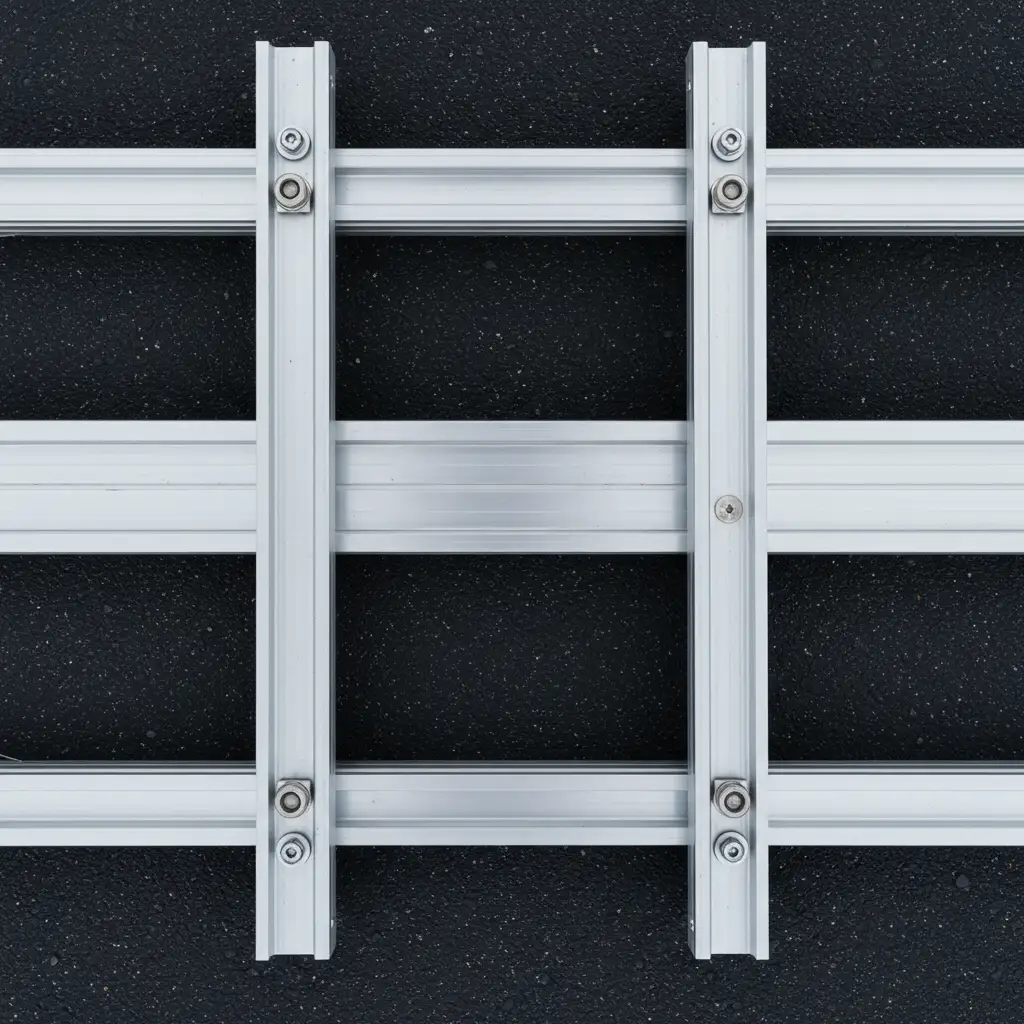 Vue de dessus du système de fixation professionnel avec rails en aluminium, boulons inoxydables et joints d'étanchéité