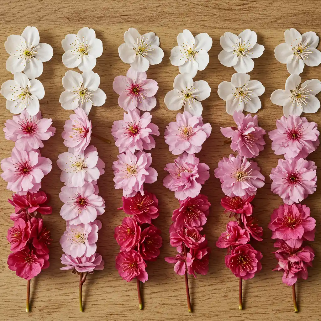 Comparaison de différentes variétés de cerisiers en fleurs montrant la diversité des pétales, couleurs et formes