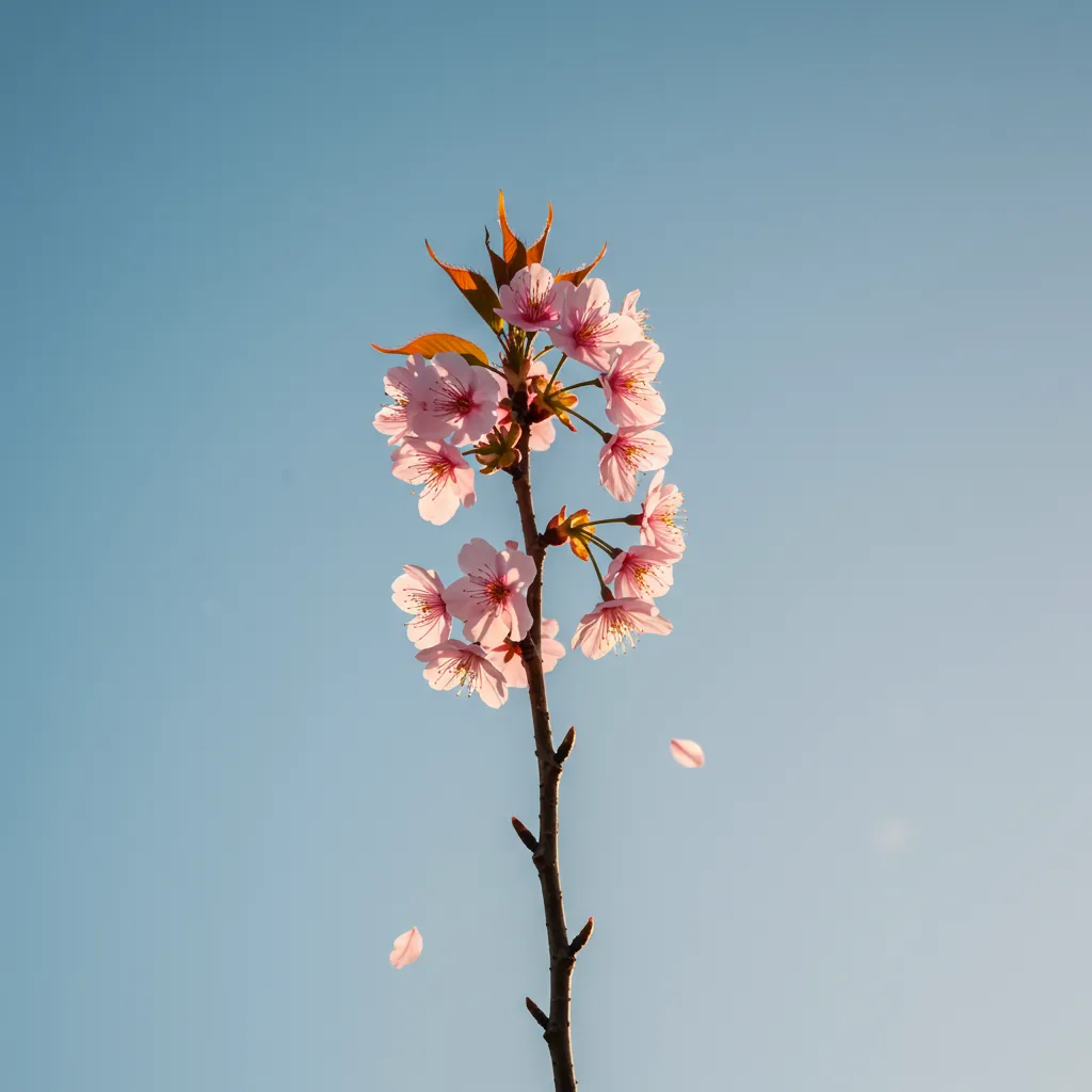 Branche de cerisier en pleine floraison photographiée en contre-plongée avec des pétales tombant au printemps
