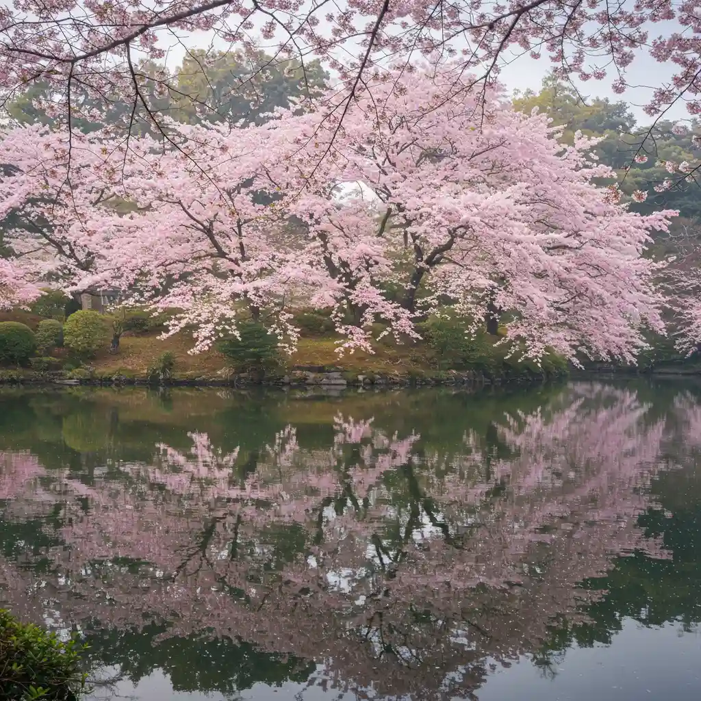 Parc japonais avec de grands cerisiers en fleurs se reflétant dans un étang calme au lever du matin