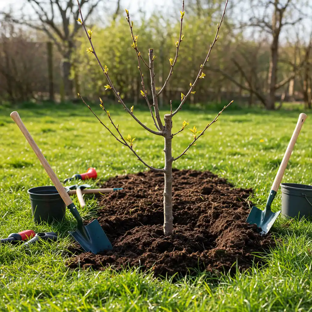Plantation d'un jeune cerisier ornemental dans un jardin ensoleillé avec des outils de jardinage au printemps