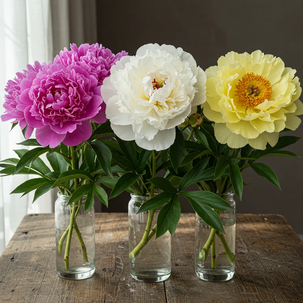Trois types de pivoines côte à côte : pivoine herbacée rose, pivoine arbustive blanche et hybride Itoh jaune