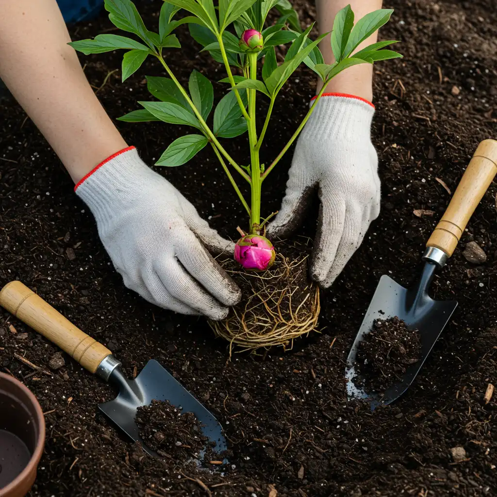Plantation d'une racine nue de pivoine avec les bourgeons positionnés à 2-3 cm sous la surface du sol