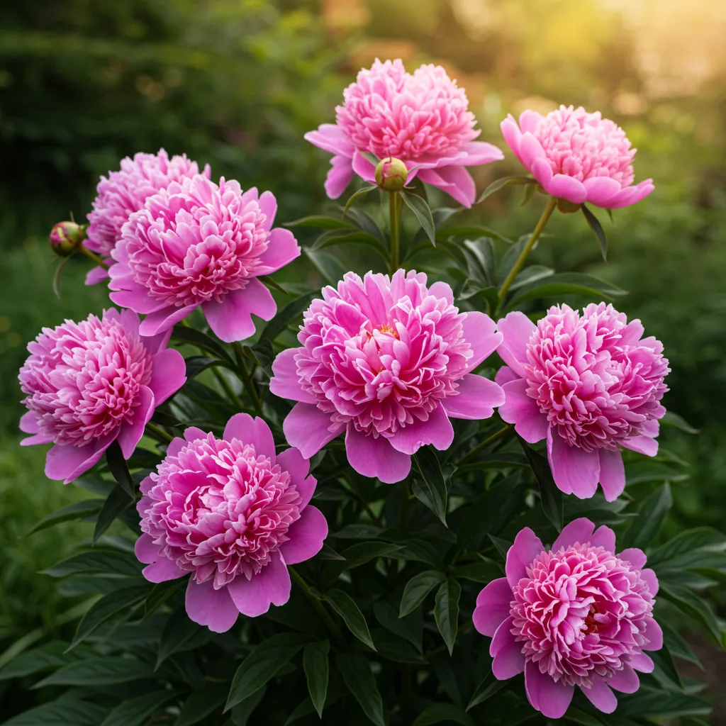 Pivoine herbacée en floraison généreuse avec plusieurs grandes fleurs doubles roses épanouies à la lumière dorée