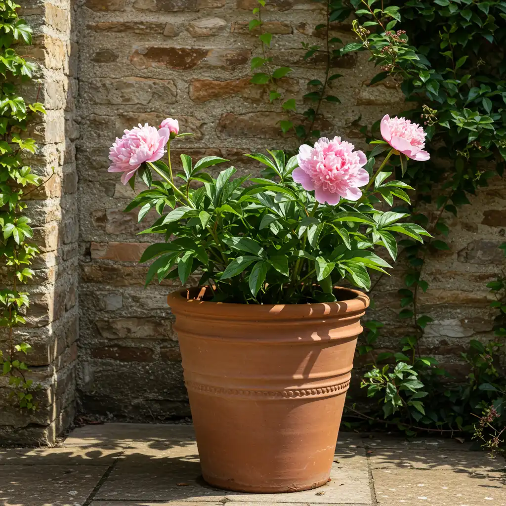 Pivoine cultivée en pot sur une terrasse ensoleillée, avec des fleurs roses épanouies dans un grand pot en terre cuite