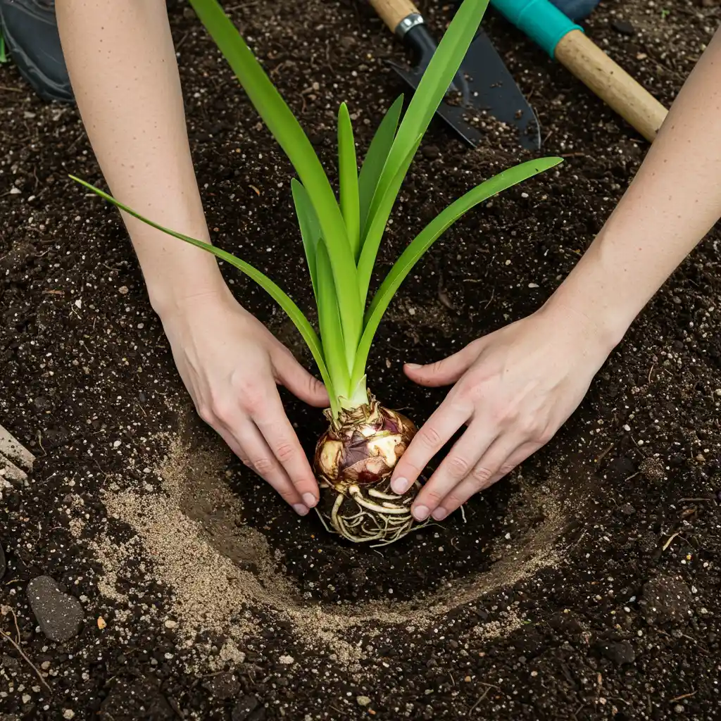 Plantation d'un rhizome d'agapanthe dans un sol bien drainé et amendé, vue en plongée sur le geste de mise en terre